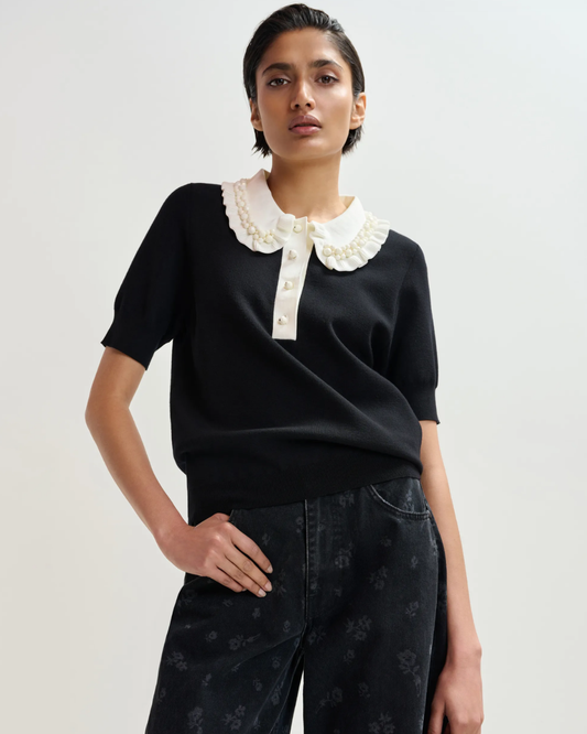 Jewelry Embroidered Knit Polo in Black by Essentiel Antwerp