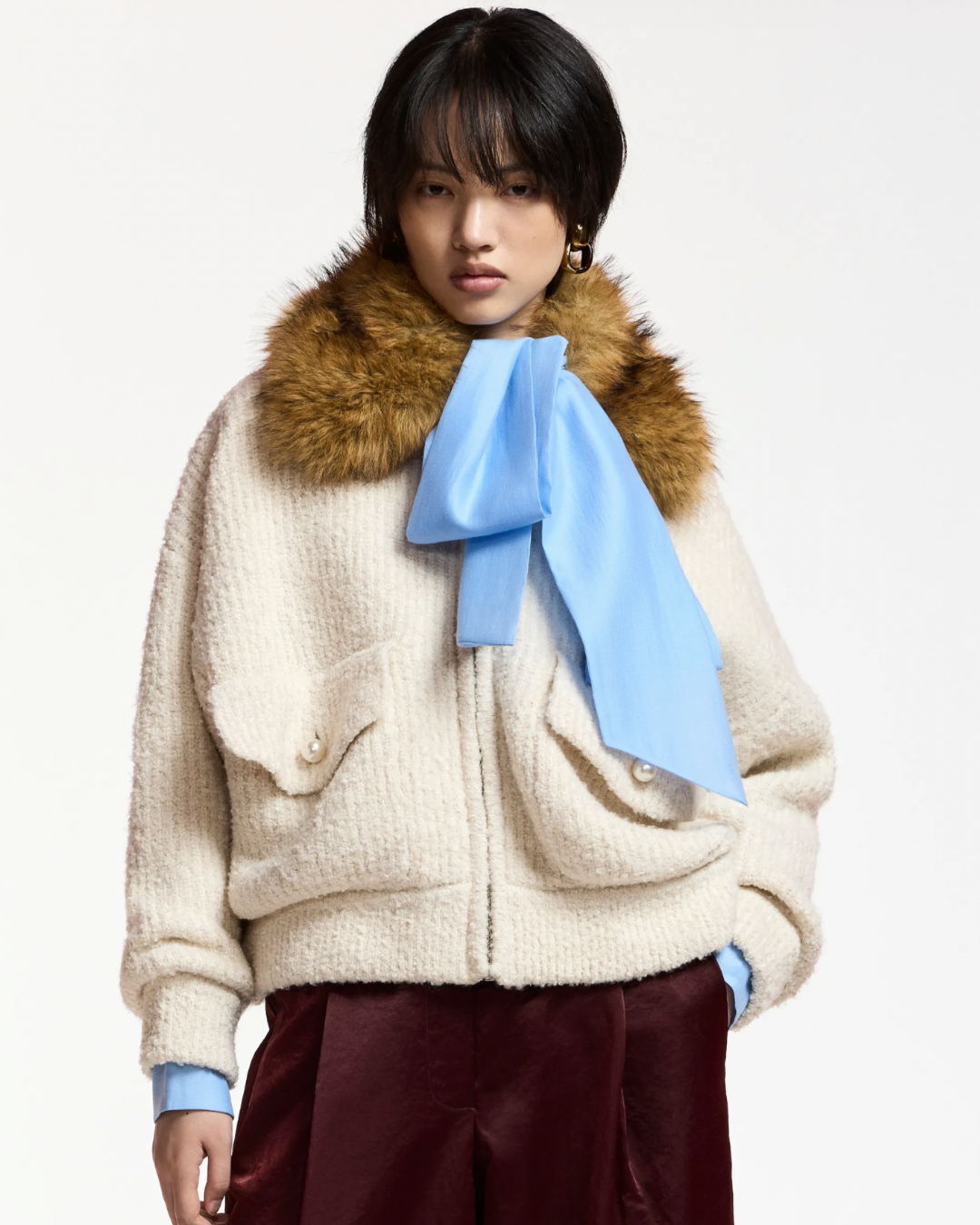 Kanada Bouclé Bomber Jacket in Cream by Essentiel Antwerp