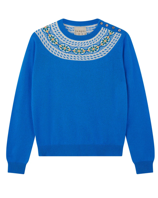 Wool Cashmere Yoke Fair Isle Crew in Blue by Jumper 1234