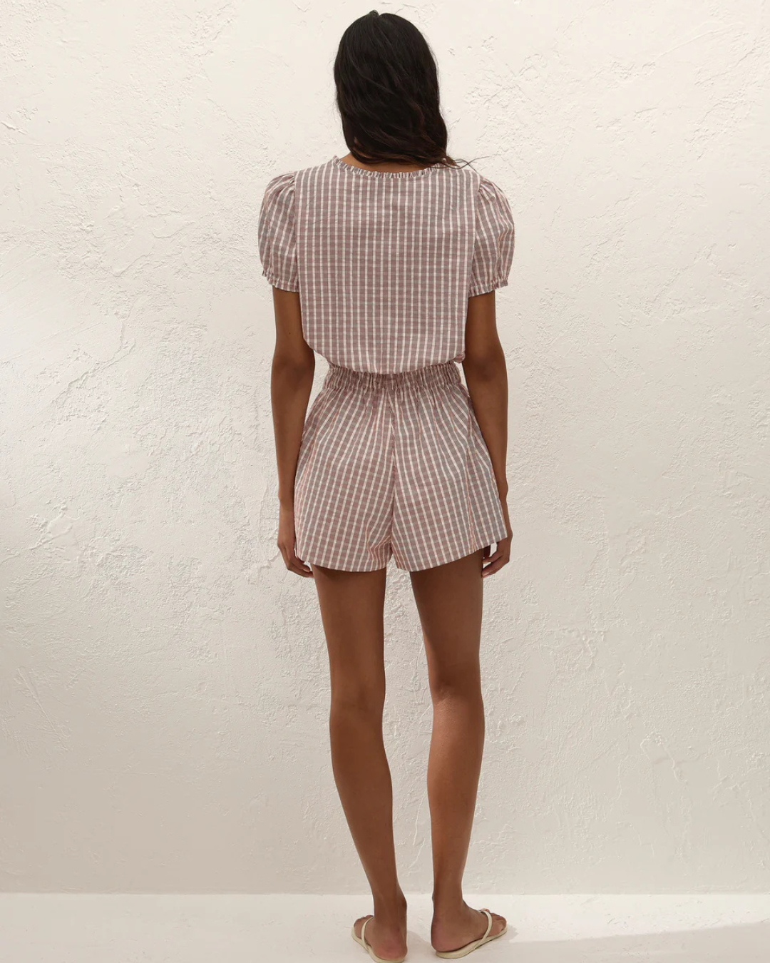 Emilie Playsuit in Paloma Check Cinnamon White by Faithfull the Brand