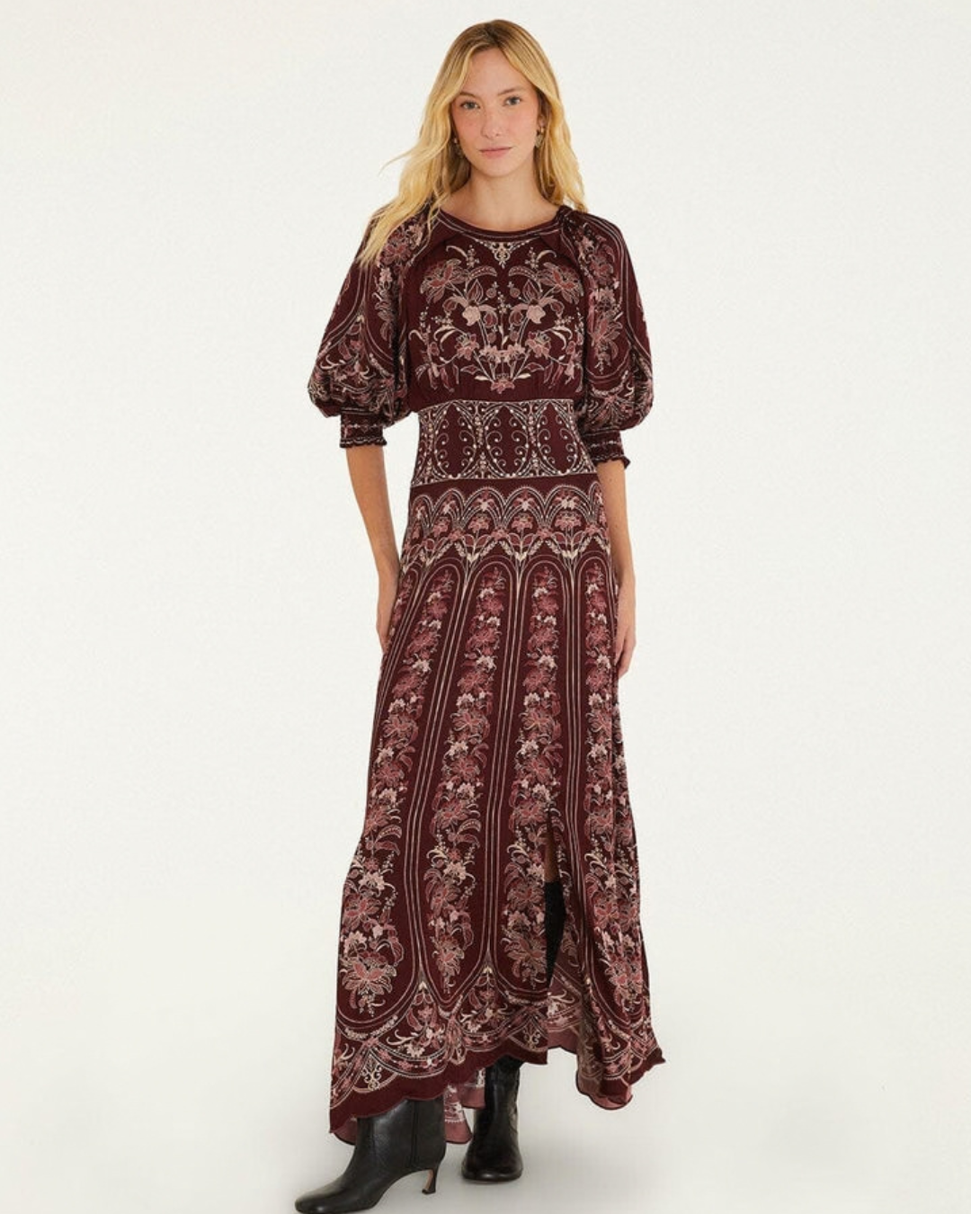 Liz Balloon Sleeve Maxi Dress in Burgundy by Farm Rio