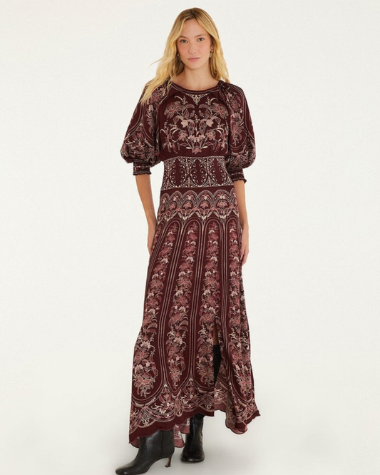 Liz Balloon Sleeve Maxi Dress in Burgundy by Farm Rio