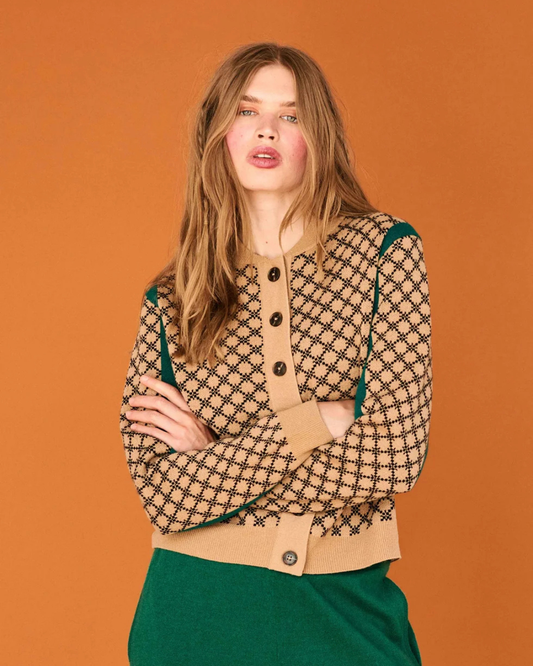 Merino Graphic Cardigan in Camel by Jumper 1234