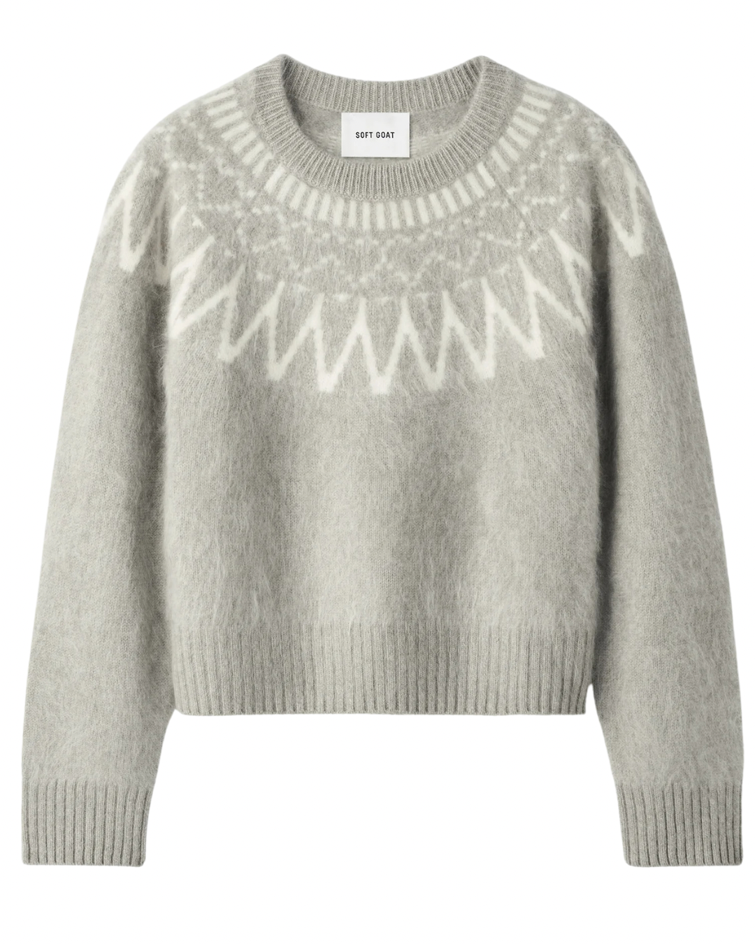 Brushed Fair Isle Crewneck in Greige by Soft Goat