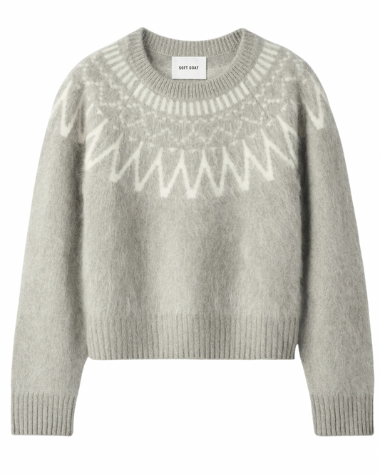 Brushed Fair Isle Crewneck in Greige by Soft Goat