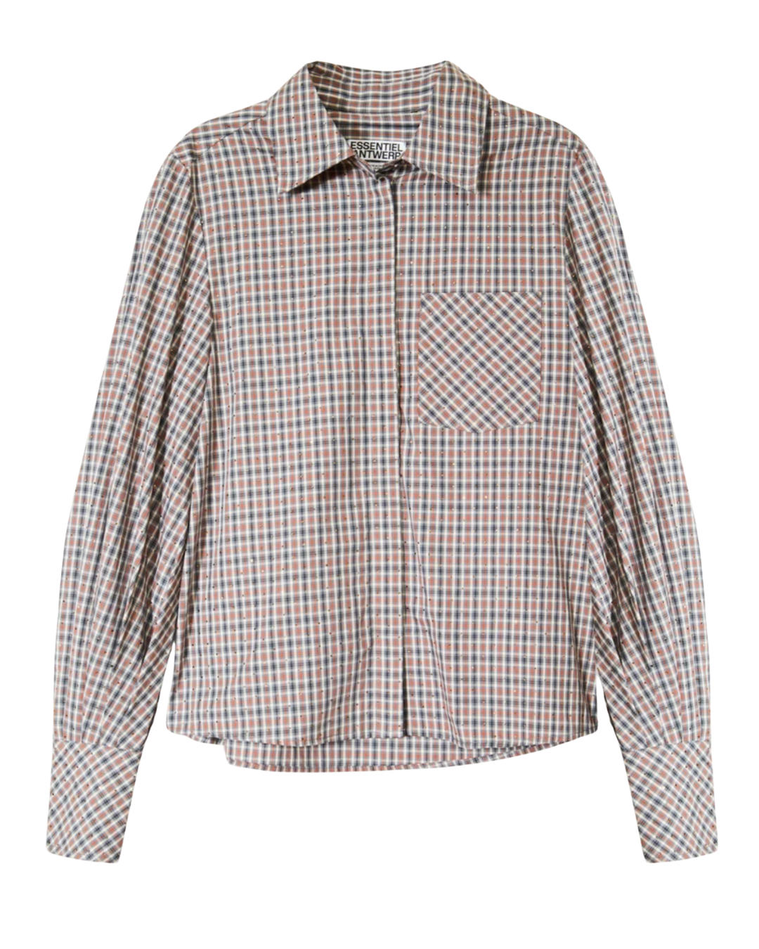 Kalmia Rhinestone Embellished Checked Cotton Shirt in Steel Pulse by Essentiel Antwerp