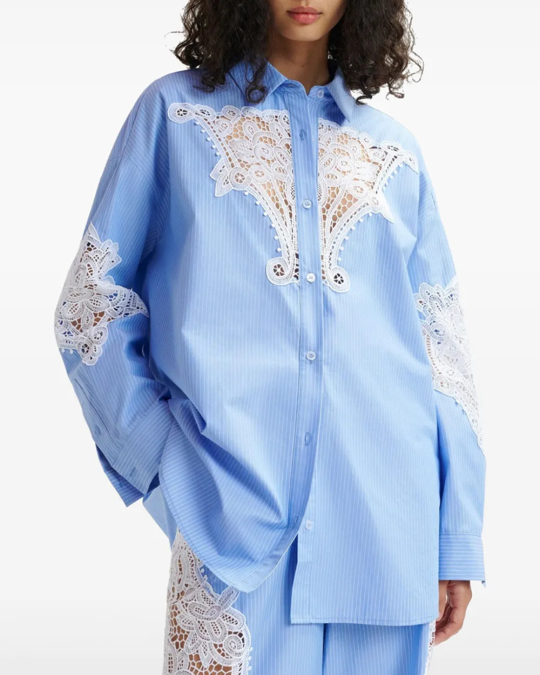 Hoofd Lace Panelled Shirt in Blue Striped by Essentiel Antwerp