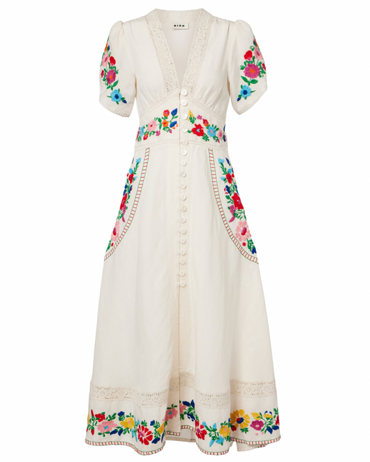 Novara Dress in Cream Anemone Embroidery by RIXO