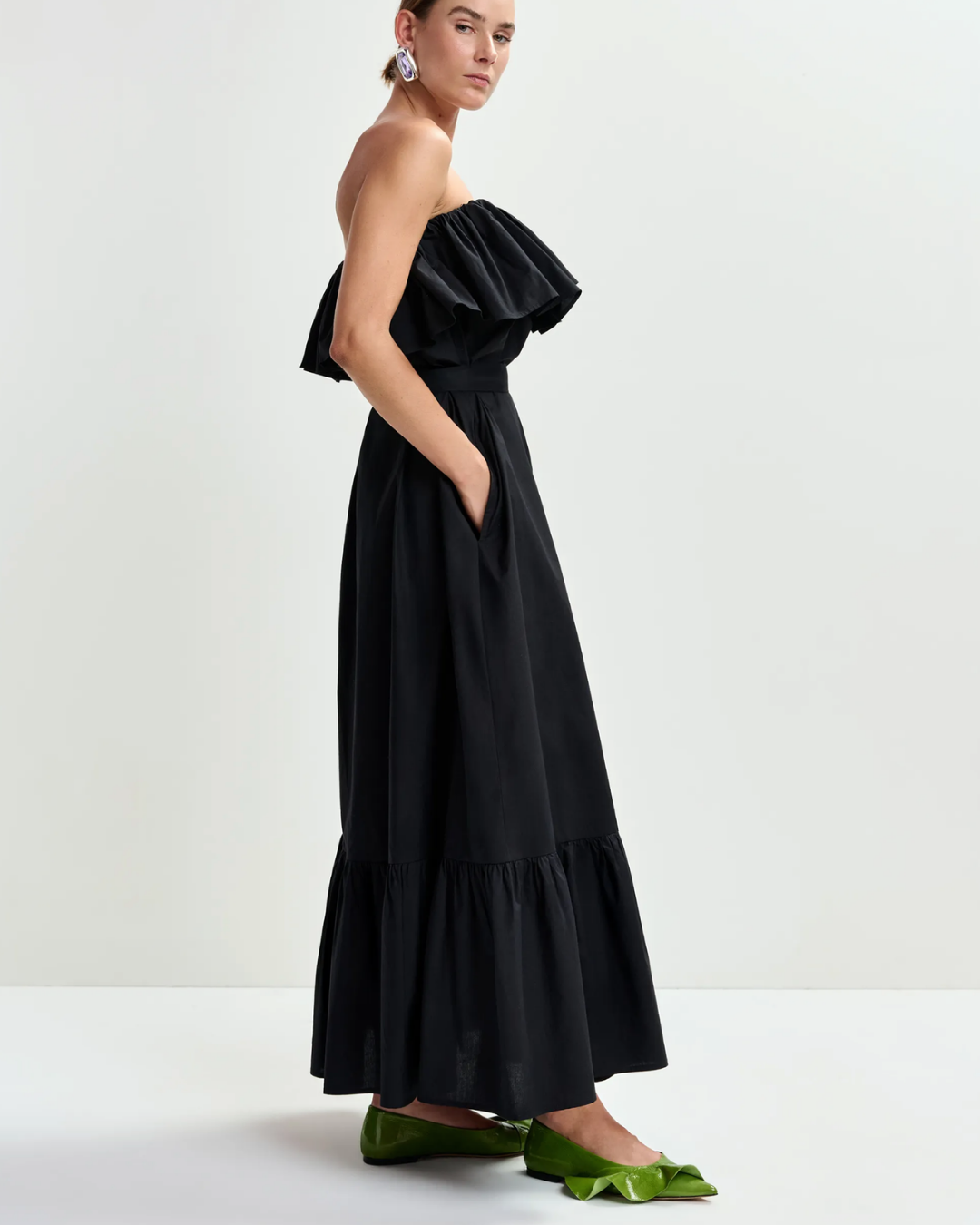 Joyce Belted Ruffle Dress in Black by Essentiel Antwerp