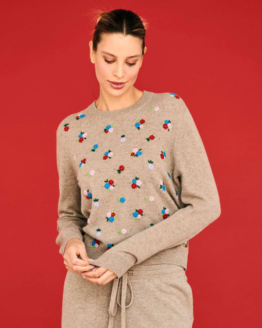 Wool Cashmere Embroidered Floral Crew in Organic Light Brown by Jumper 1234