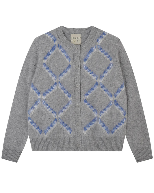 Brushed Cashmere Graphic Argyle Cardigan in Mid Grey by Jumper 1234