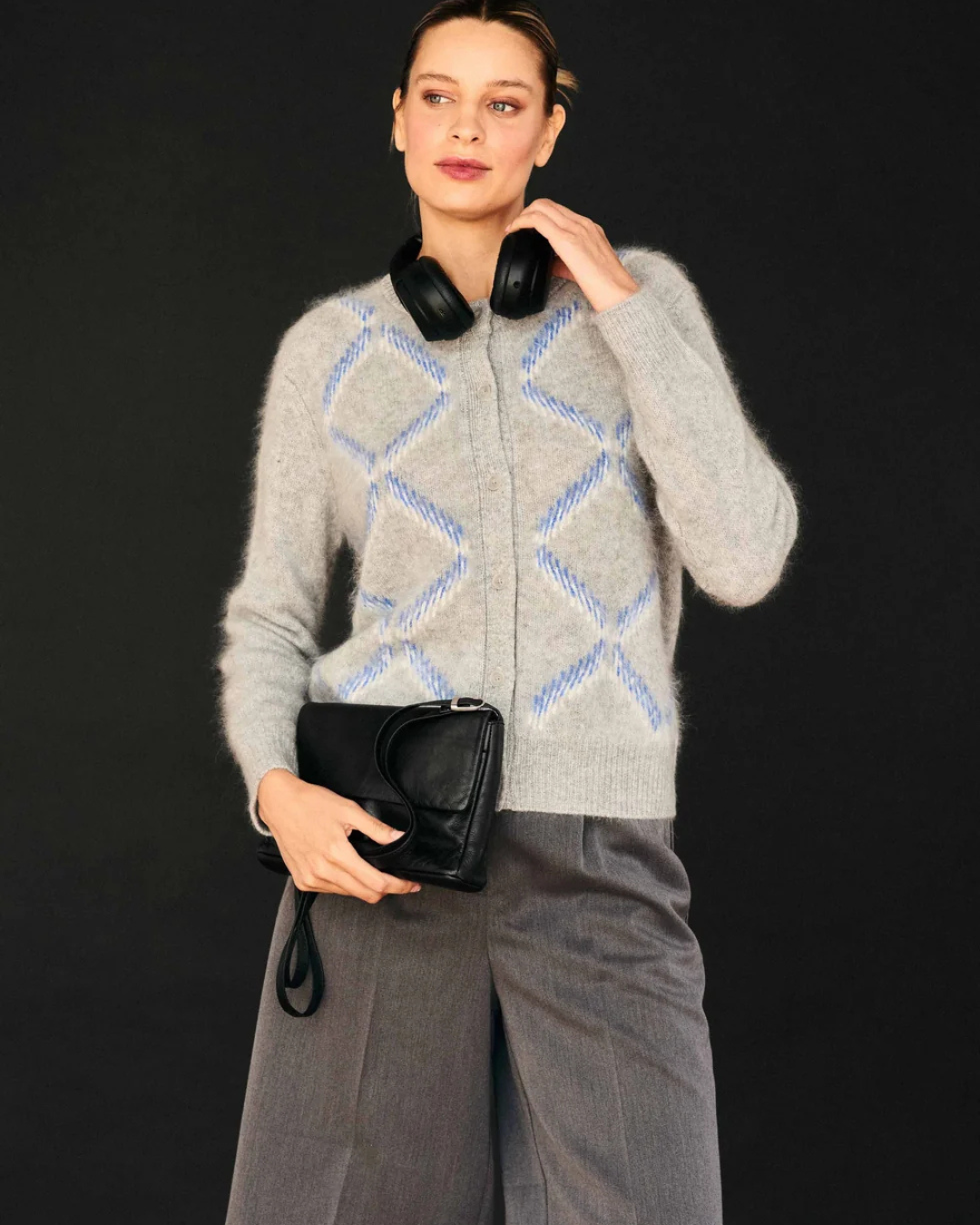 Brushed Cashmere Graphic Argyle Cardigan in Mid Grey by Jumper 1234