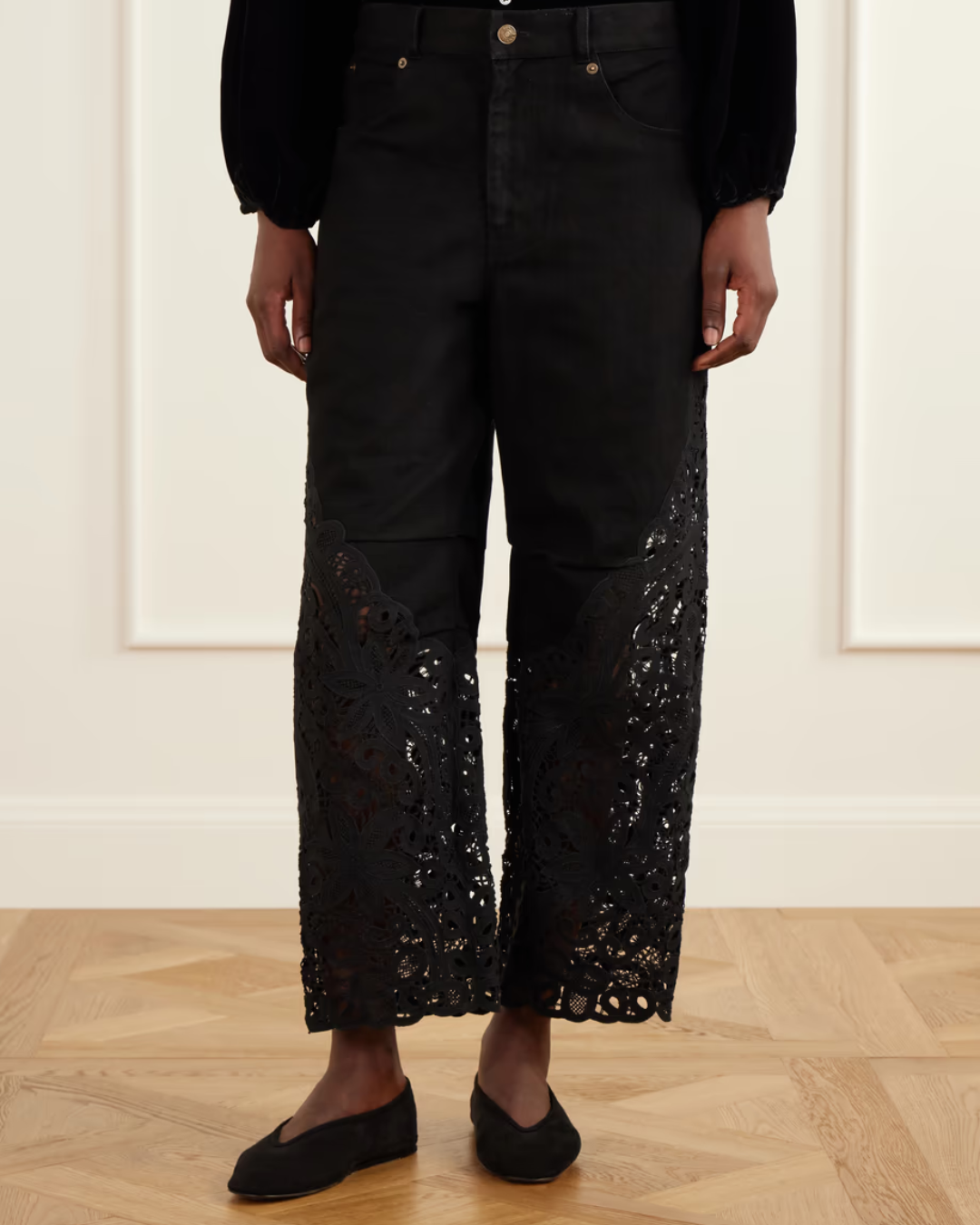 Shiloh Embroidered High Rise Jeans in Black by Sea NY