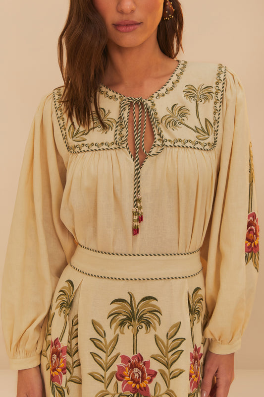 Tropical Flower Embroidered Sand Long Sleeve Blouse by FARM Rio