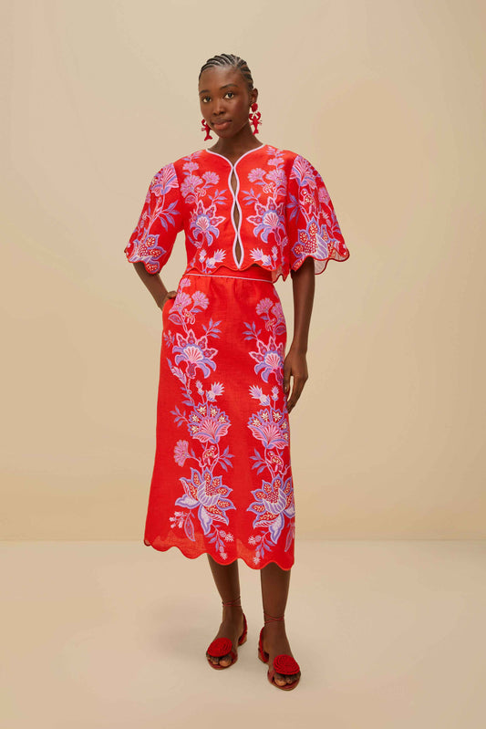 Red Porcelain Garden Euroflax™ Premium Linen Blouse by Farm Rio