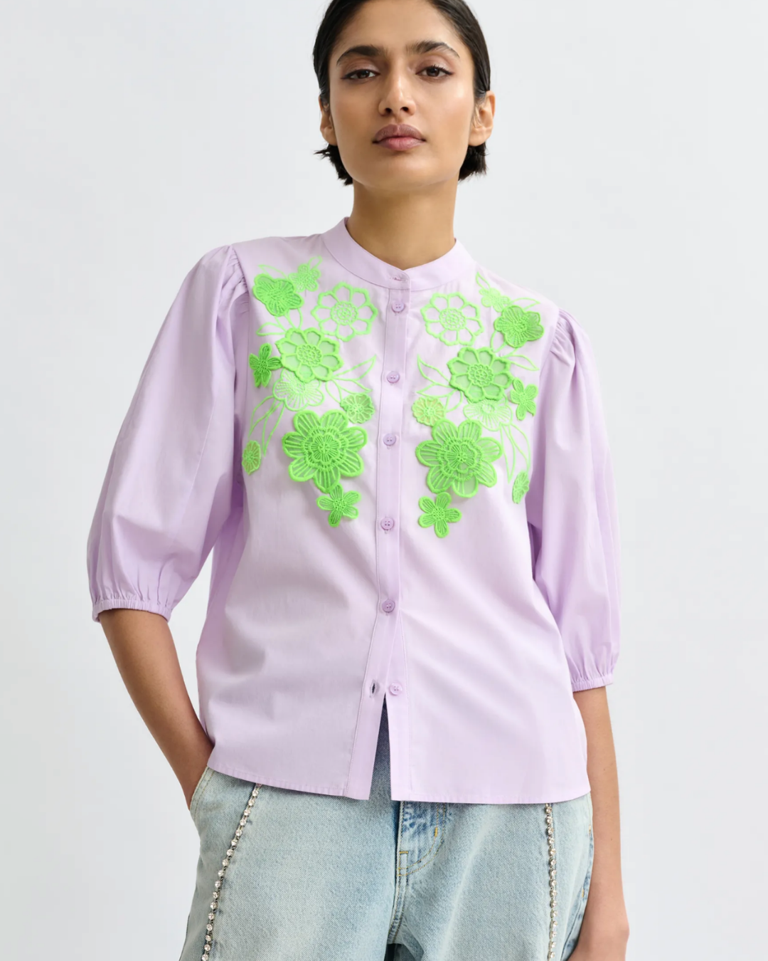 Jorja Appliqué Flower Shirt in Baby Grape by Essentiel Antwerp