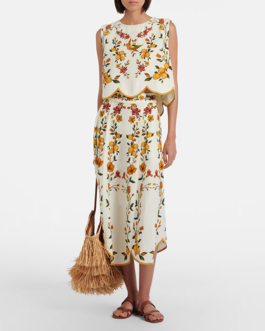 Lemon Bouquet Linen Blend Midi Skirt by Farm Rio
