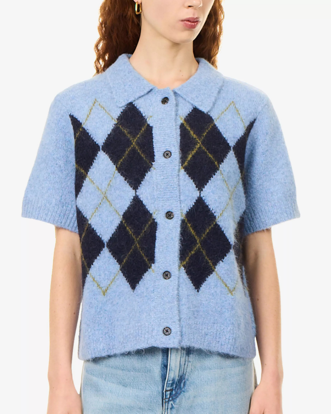 Kelly Short Sleeve Knit Cardigan in Argyle Blue by Rails