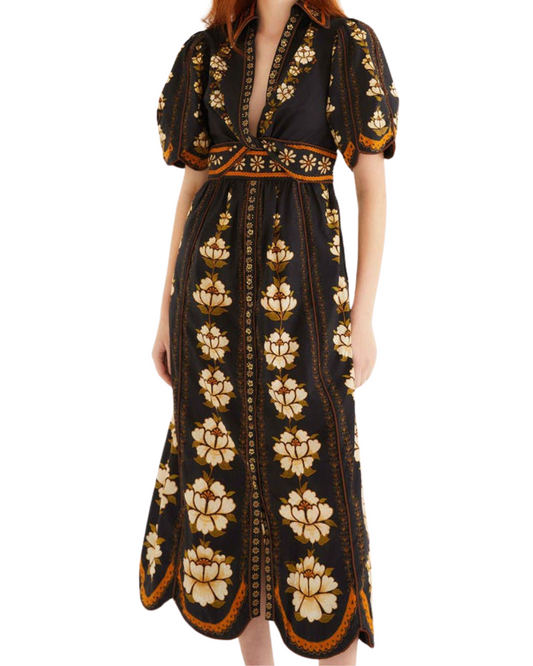 Embroidered Flowers Black Midi Dress by Farm Rio
