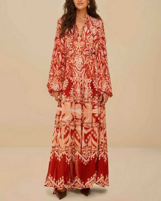 Tropical Tapestry Red Metal Embroidered Tiered Maxi Dress by Farm Rio