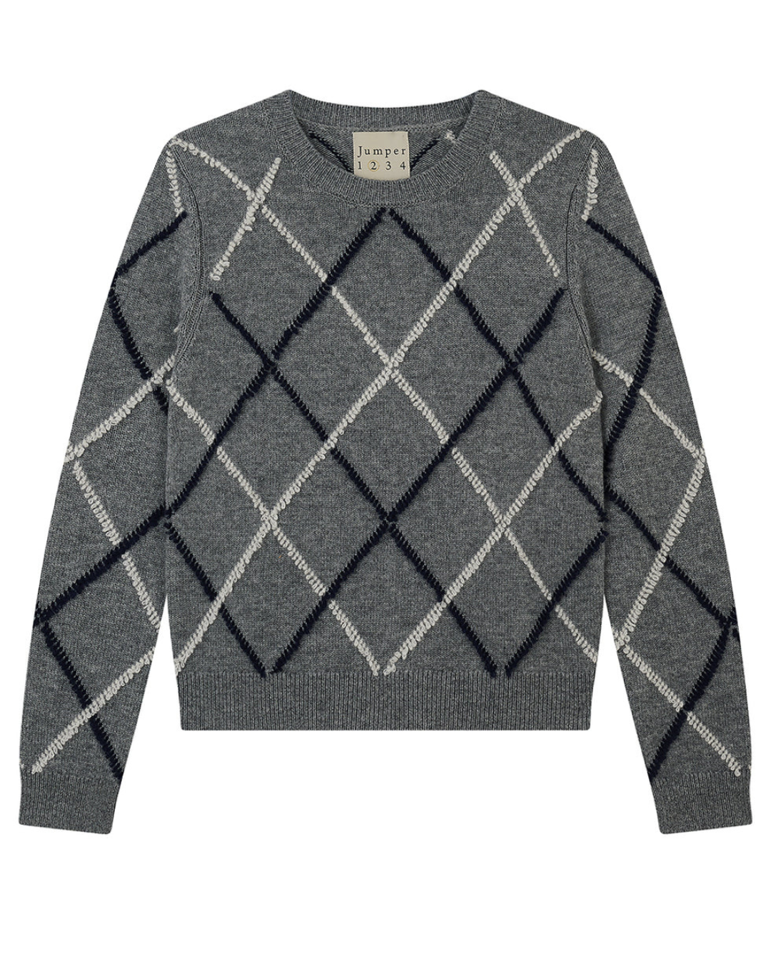 Cashmere Wool Argyle Outline Crew in Mid Grey by Jumper 1234