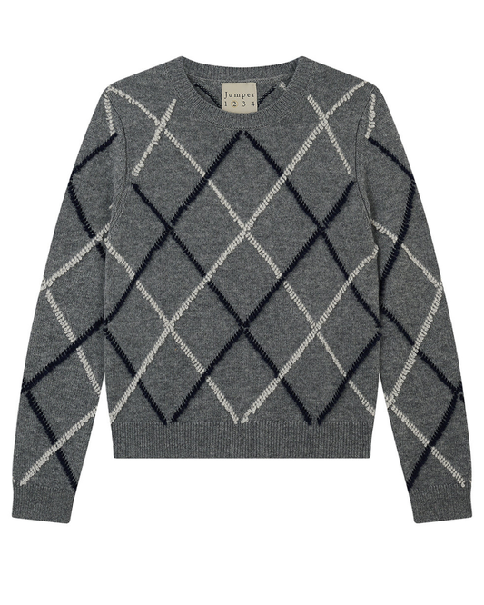 Cashmere Wool Argyle Outline Crew in Mid Grey by Jumper 1234