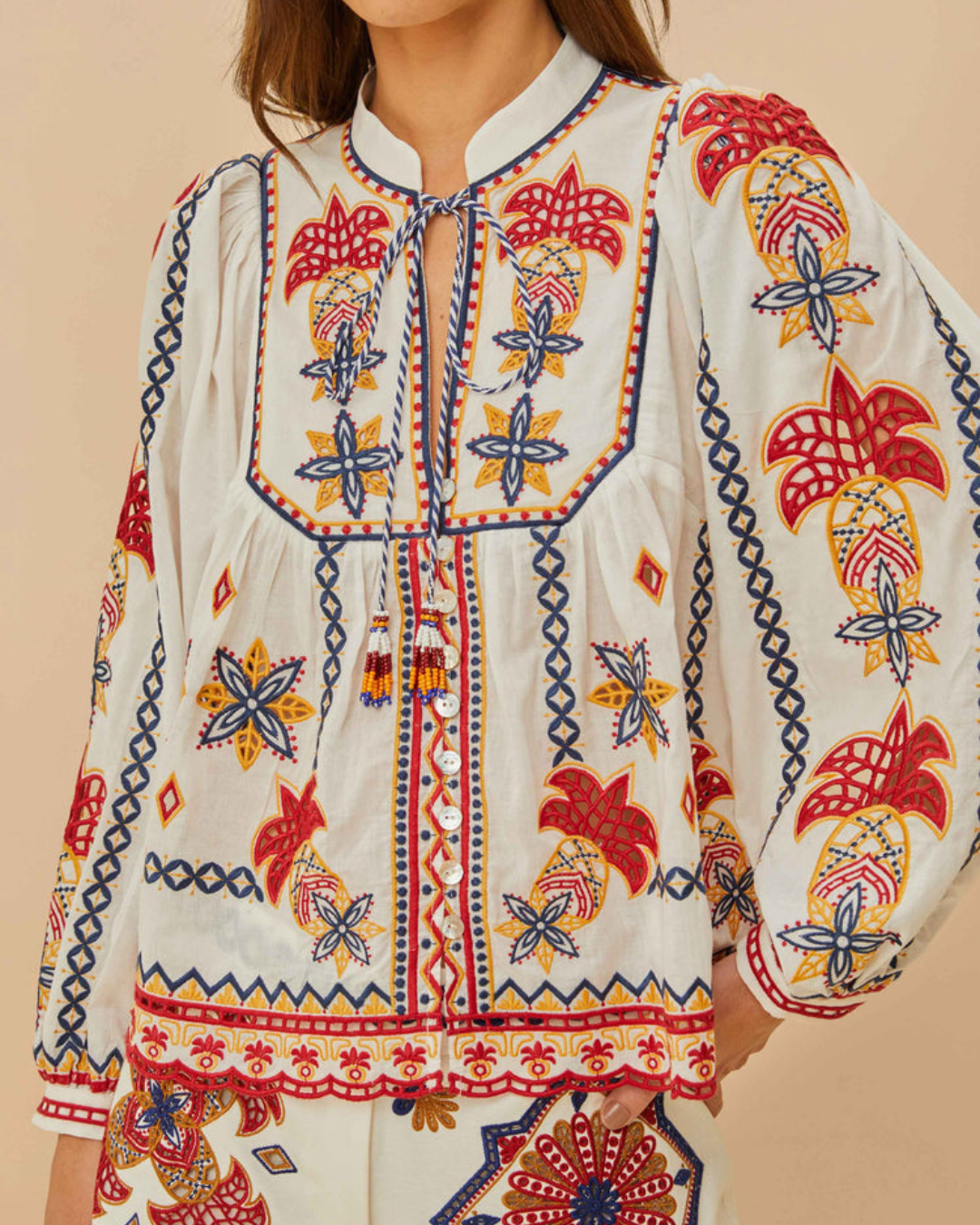 Off-White Marys Tiles Embroidered Blouse by Farm Rio