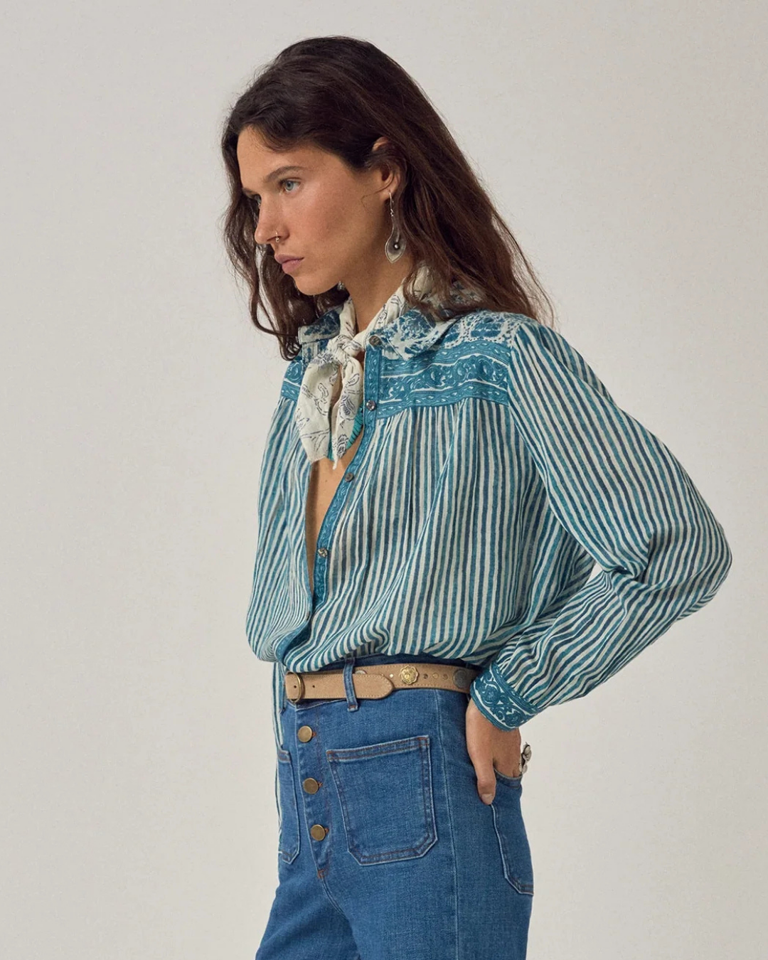 Maria Shirt in Blue Ink Stripe by Maison Hotel