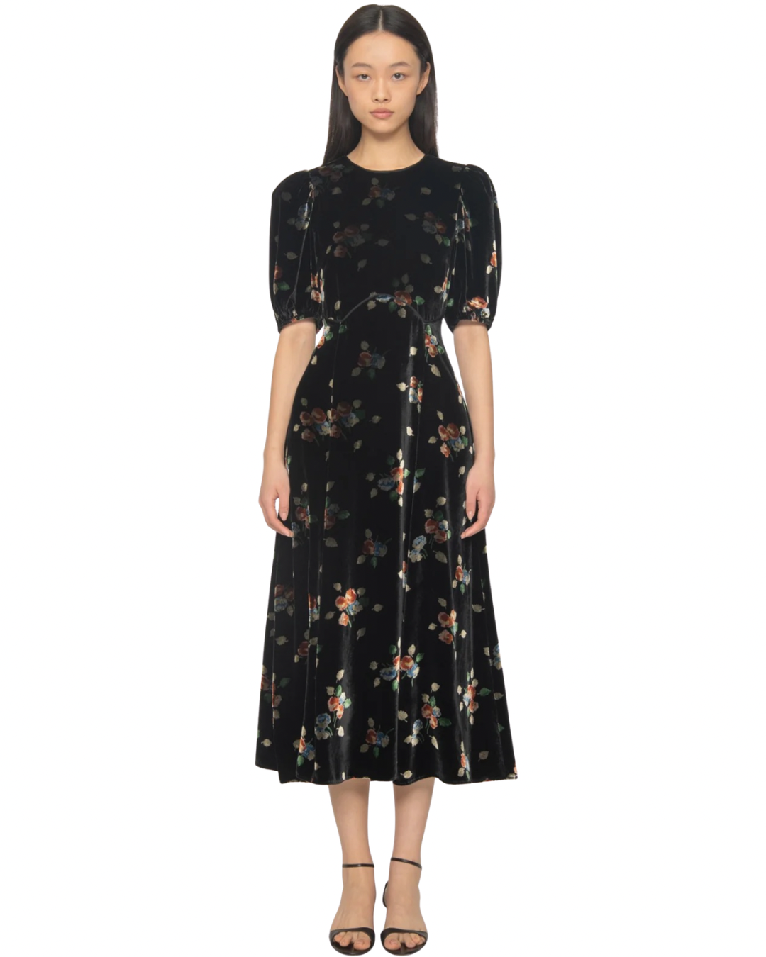 Leda Velvet Puff Sleeve Midi Dress in Black by Sea NY