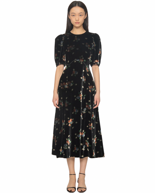 Leda Velvet Puff Sleeve Midi Dress in Black by Sea NY