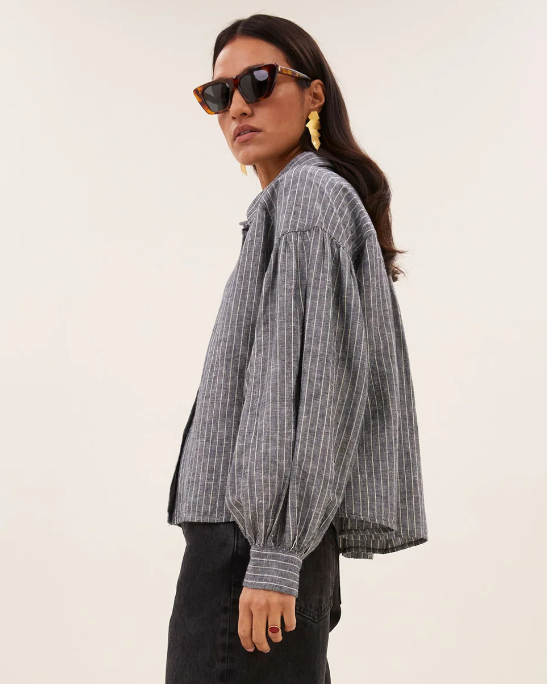Sarah Short Thin Stripe Blouse in Ash Grey Stripe by by-bar