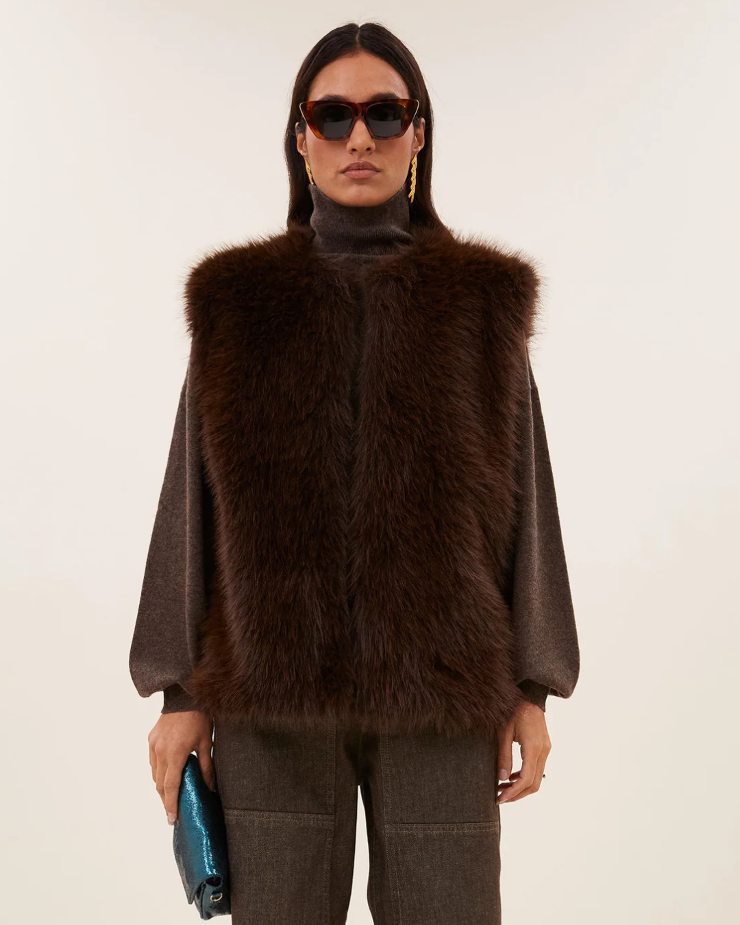 Mona Faux Fur Gilet in Dark Brown by by-bar