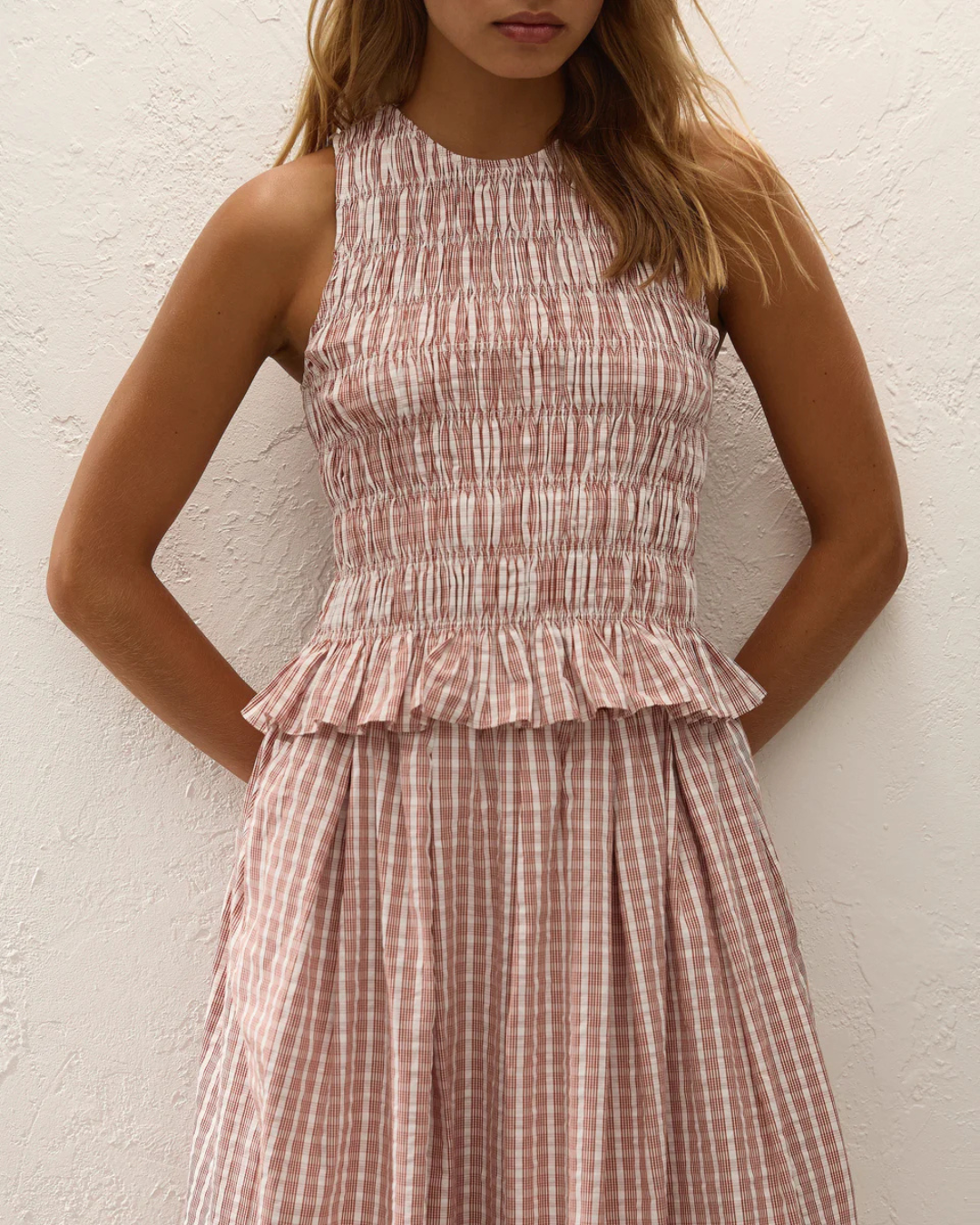 Cales Top in Paloma Check Cinnamon White by Faithfull the Brand
