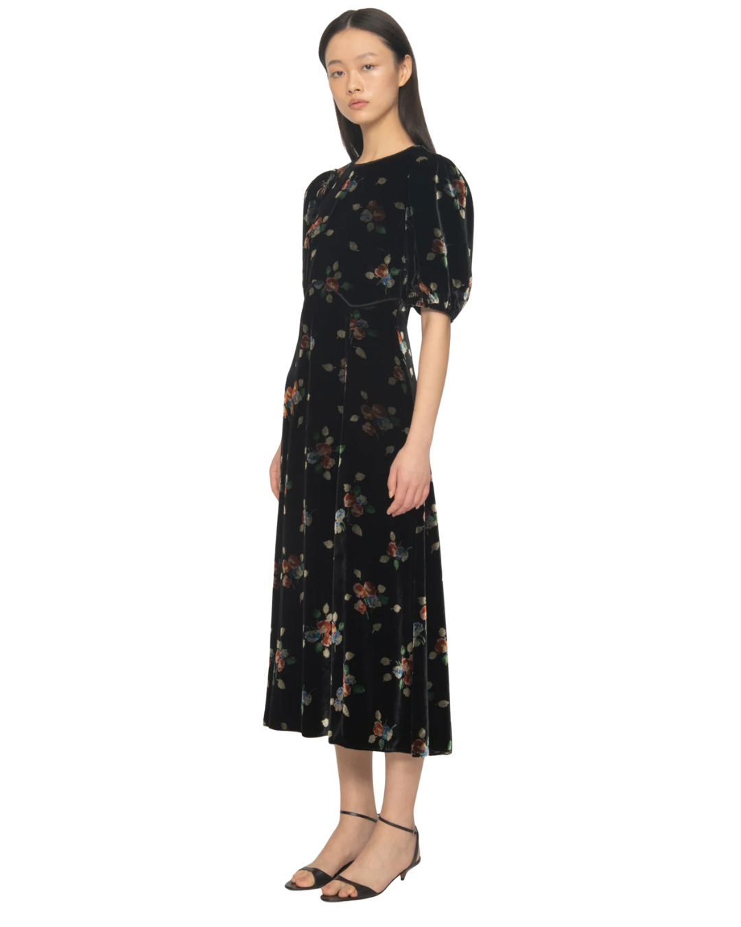 Leda Velvet Puff Sleeve Midi Dress in Black by Sea NY