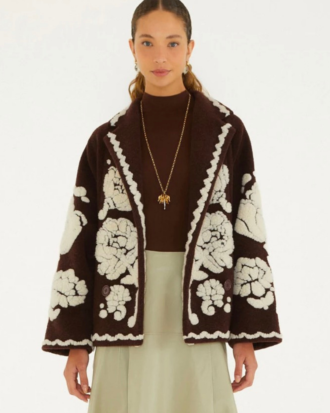 Flowers Coat in Brown by Farm Rio
