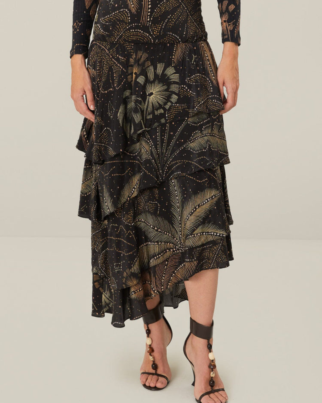 Black Golden Foliage Ruffled Skirt by Farm Rio