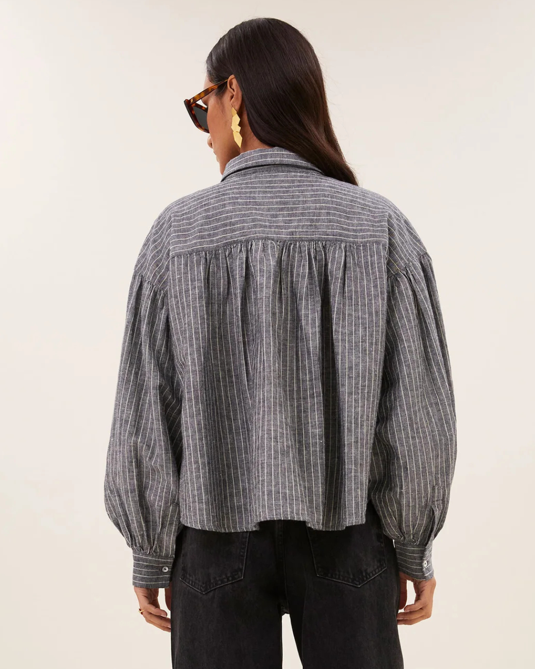 Sarah Short Thin Stripe Blouse in Ash Grey Stripe by by-bar