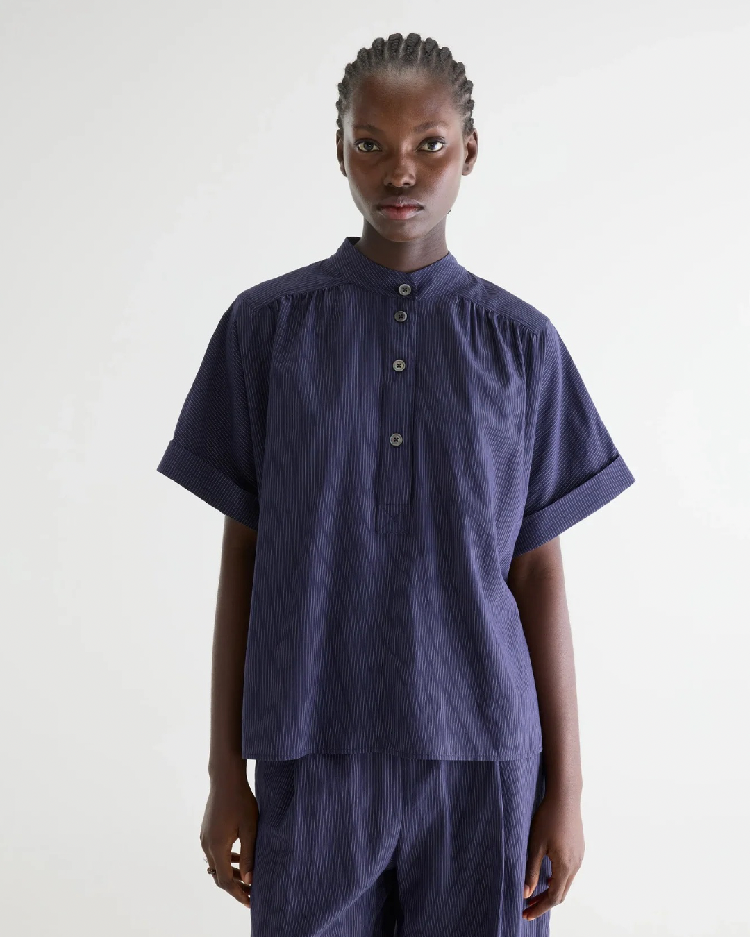 Pear Short Sleeve Blouse in Navy Stripe by Bellerose