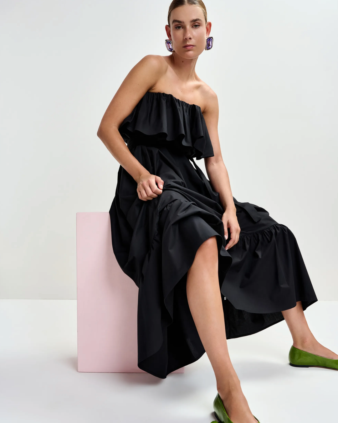 Joyce Belted Ruffle Dress in Black by Essentiel Antwerp