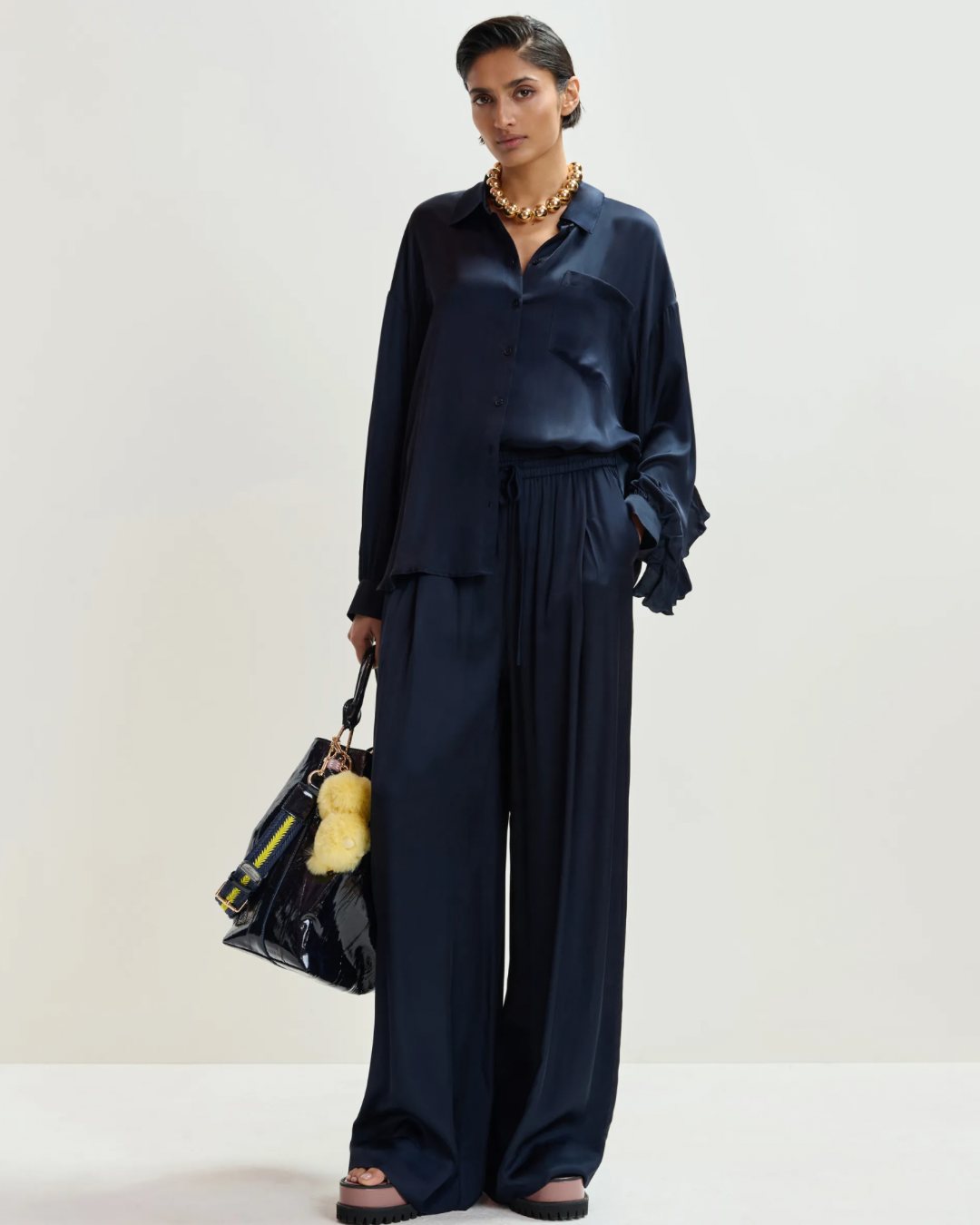 Judith Oversized Ruffle Shirt in Classic Navy by Essentiel Antwerp