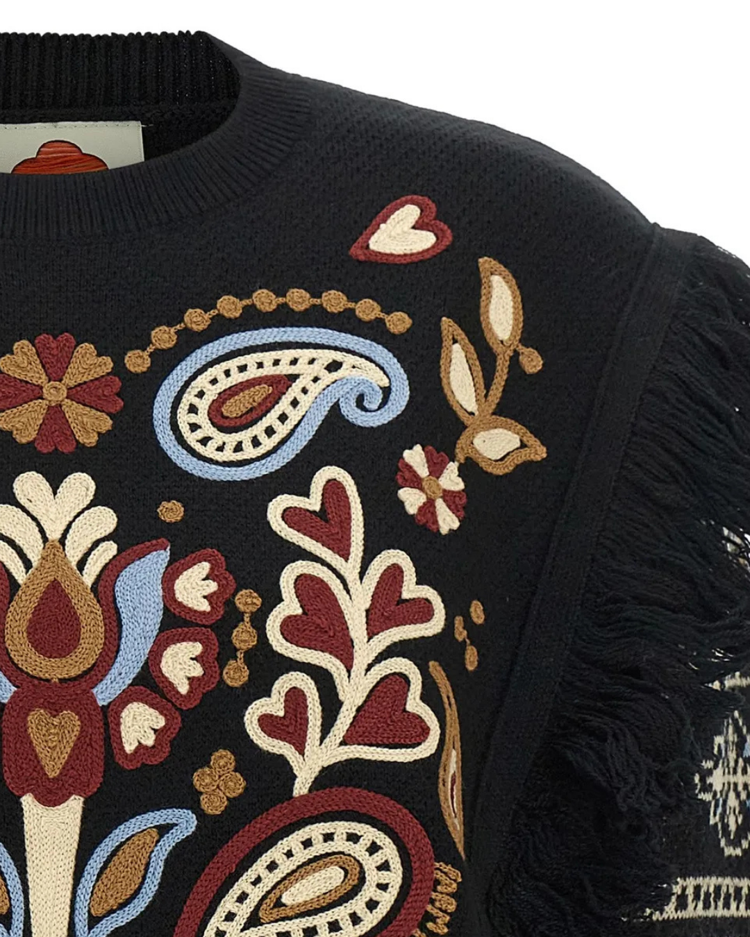Love Paisley Cornelli Knit Fringe Sweater in Black by Farm Rio