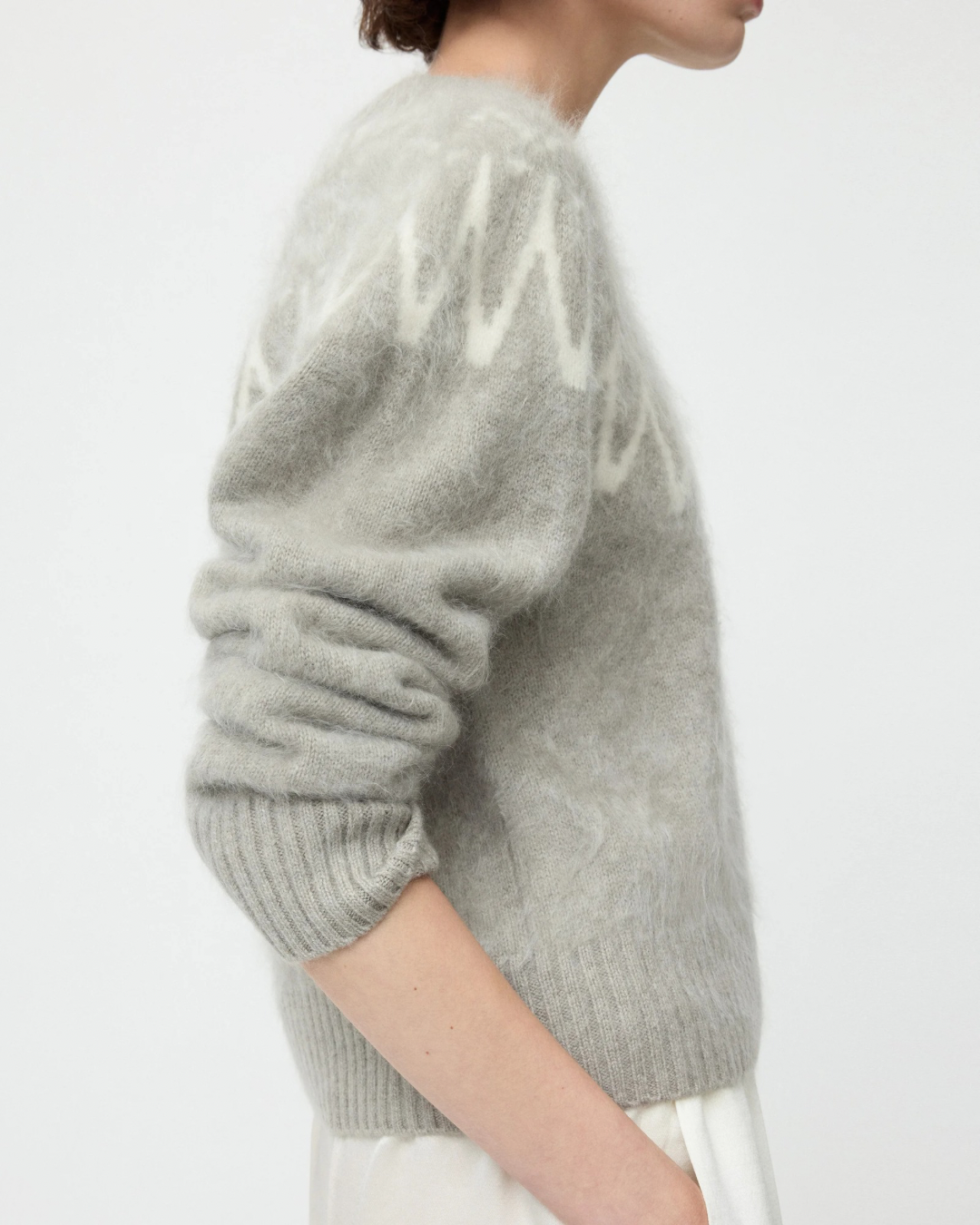 Brushed Fair Isle Crewneck in Greige by Soft Goat