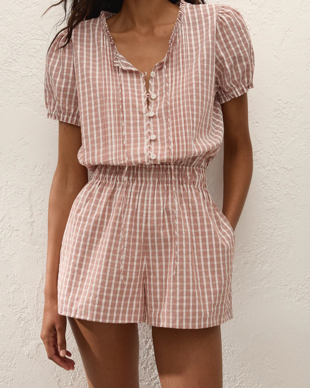 Emilie Playsuit in Paloma Check Cinnamon White by Faithfull the Brand