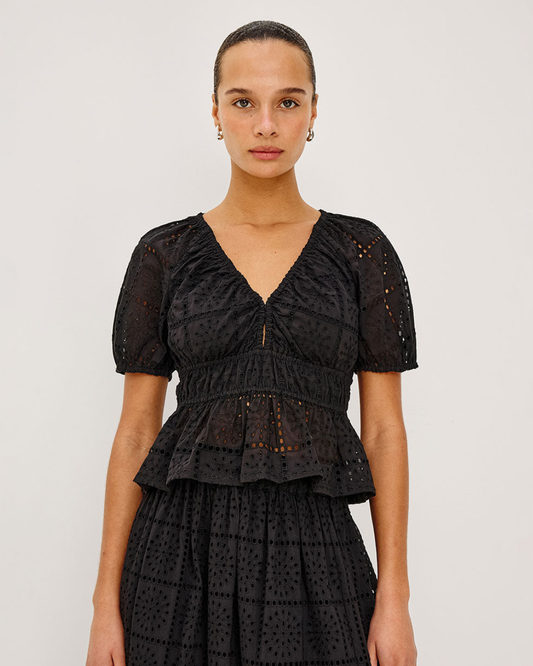 Argenta Top in Black Grid Embroidery by Rails