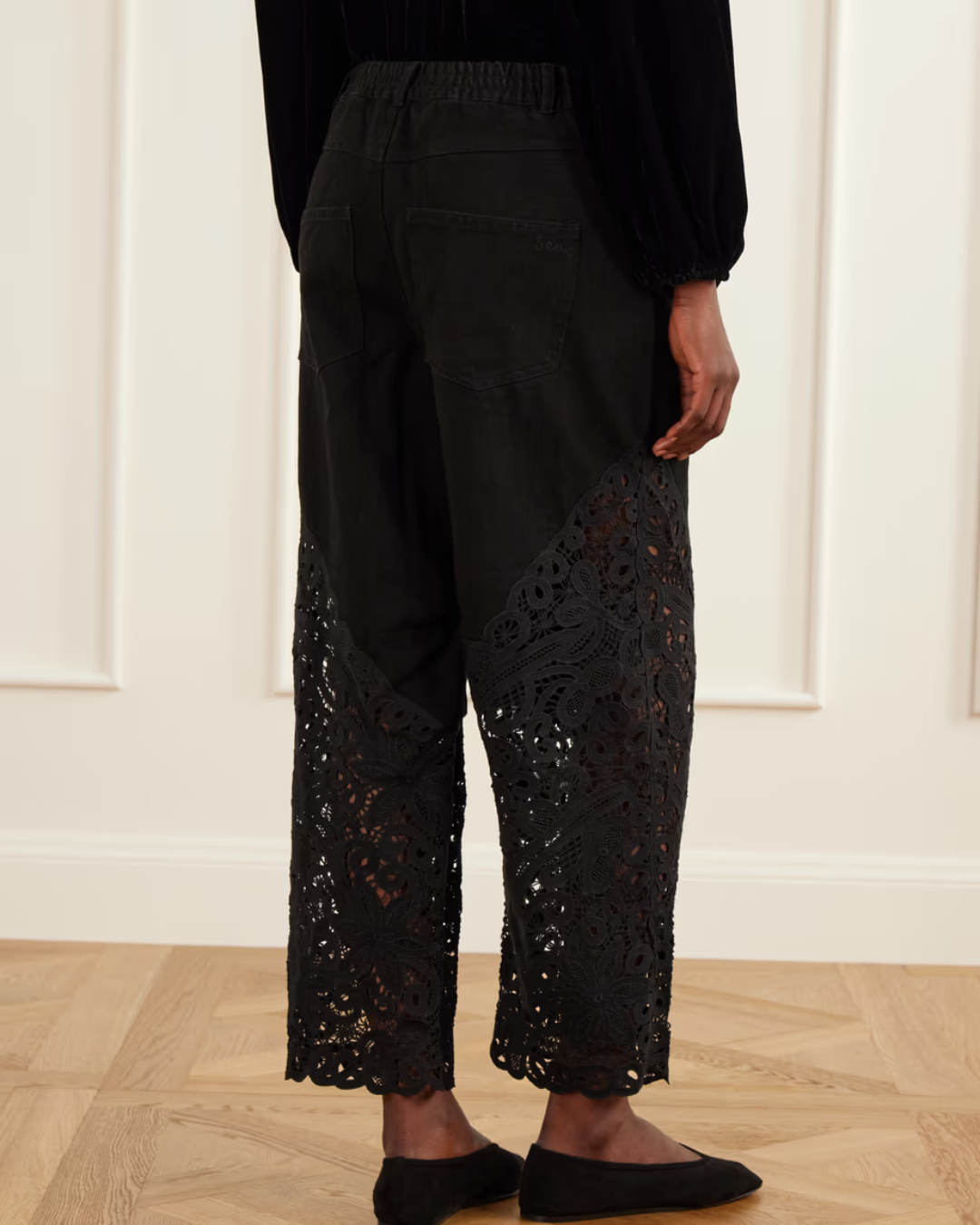 Shiloh Embroidered High Rise Jeans in Black by Sea NY