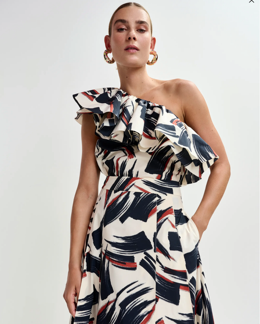 Jillian Asymmetric Ruffle Top in Burned Red by Essentiel Antwerp