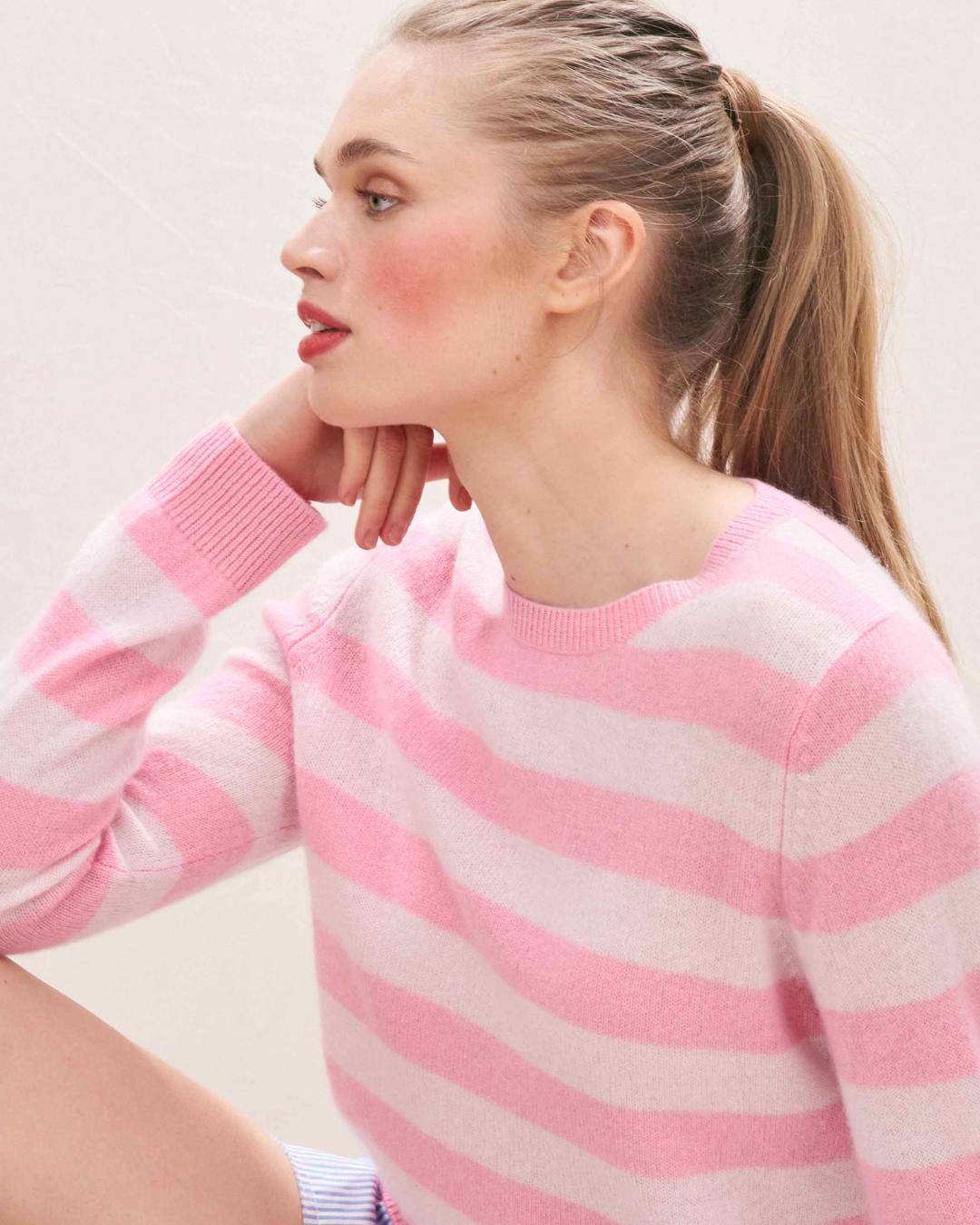 Cashmere Stripe Crew in Candy Sakura by Jumper 1234