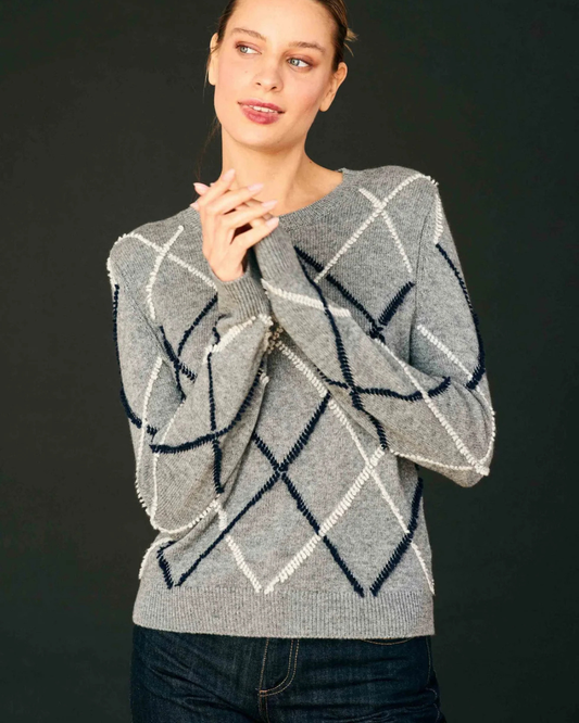 Cashmere Wool Argyle Outline Crew in Mid Grey by Jumper 1234