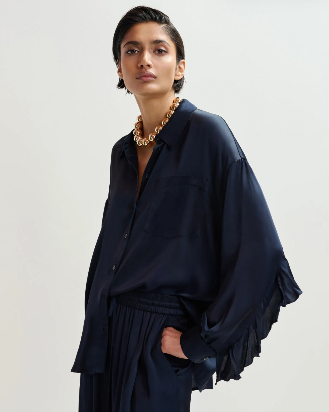 Judith Oversized Ruffle Shirt in Classic Navy by Essentiel Antwerp