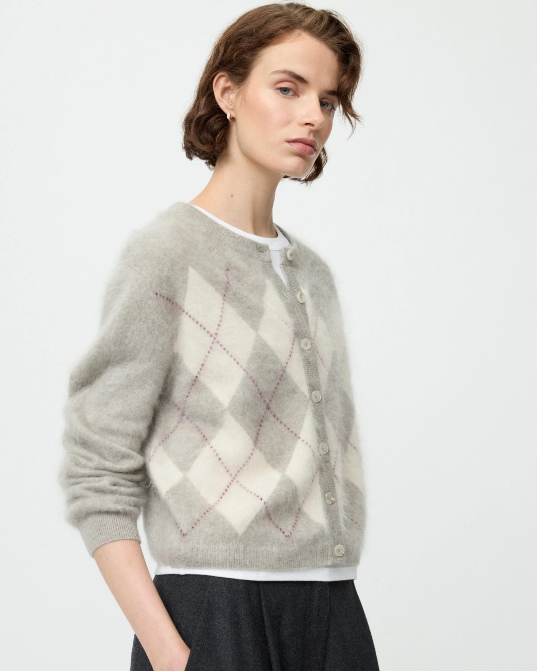 Argyle Cardigan in Greige by Soft Goat